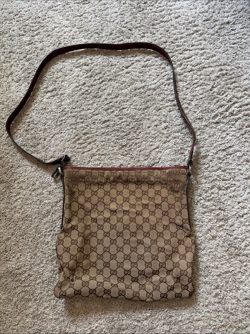 Gucci Beige Monogram Crossbody with Brown Trim
